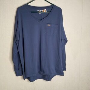 Ariat Rebar Workwear Long Sleeve Men's size 2XL Blue‎ V-Neck Cotton T-Shirt Top